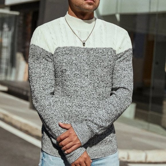 Casual Black & White Cable Knit Men's Pullover Sweater - Picture 6 of 7